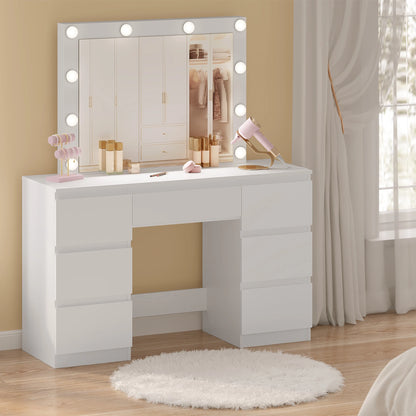 WOLTU White Dressing Table Girls/Women Vanity Dresser with Large Mirror 7 Drawers Makeup Desk with LED Lights Charging Socket