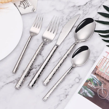 6/12/15Pcs Sliver Heavy Cutlery Stainless Steel 304 Tableware Western Dinner Set Mirror Hammer Pattern Handle Knife Fork Spoon
