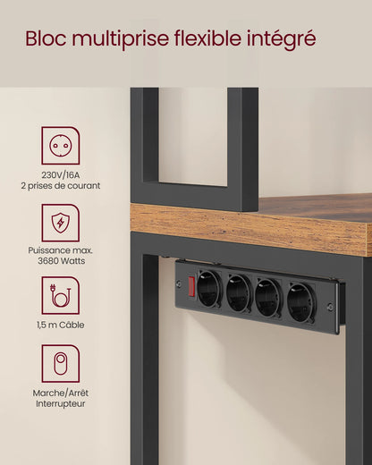 Kitchen Shelf with Power Strip, 8 Hooks, 40 x 60 x 170 cm, Rustic Brown and Ink Black/ Oak Gold and Cloud White
