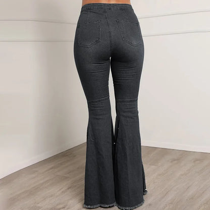 Denim Flare Pants Women Washed Jeans High Waist Slim Fit Pockets Embroidered Flares Vintage Trousers Full Length Casual Denims