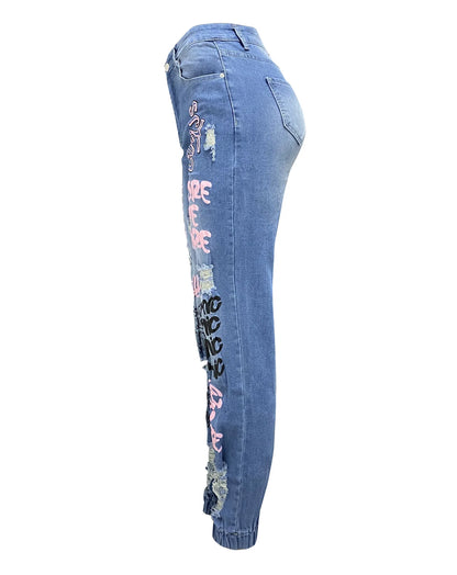Women Denim Jeans Ankle Length Print Holes Pencil Pants Pockets Washing Slim Basics Zipper Fly Spring Flat Slight Strech