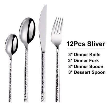 6/12/15Pcs Sliver Heavy Cutlery Stainless Steel 304 Tableware Western Dinner Set Mirror Hammer Pattern Handle Knife Fork Spoon