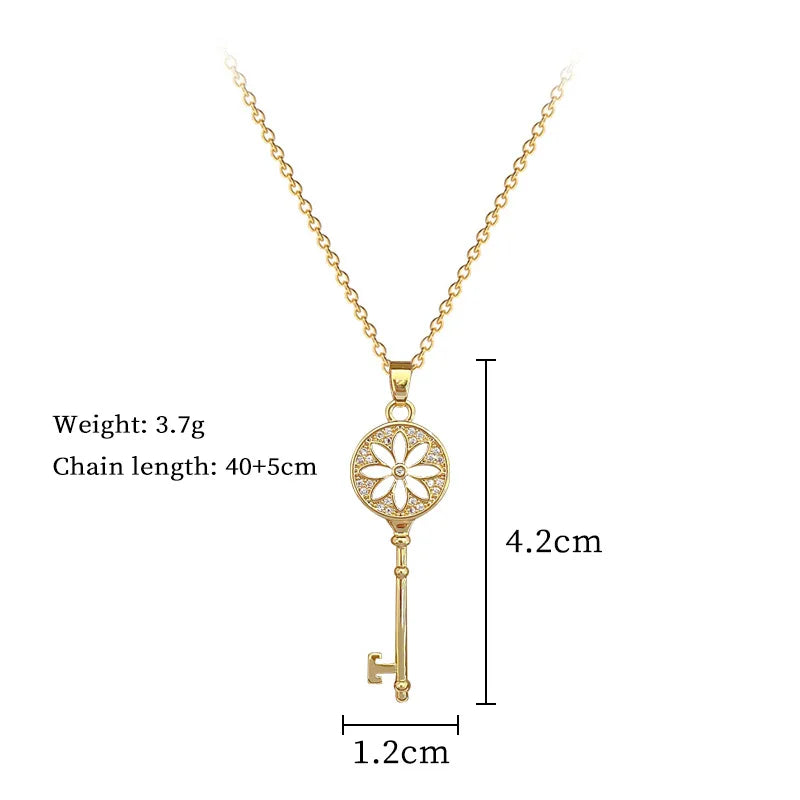 Temperament Retro Zircon Flower Key Pendant Necklace for Women Creativity Gold Color Stainless Steel Collarbone Chain Jewelry