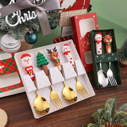 4Pcs Silver Christmas Fork And Spoon Set Stainless Steel Creative Tableware Coffee Tea Dessert Forks And Spoons Gift Set