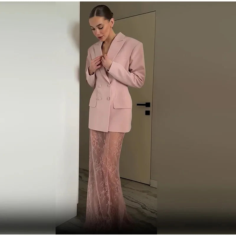 Retro Solid Suit Jacket Lace Skirt Set Women Sexy Waist-cinching Jackets Perspective Long Skirts Sets Lady 2025 Chic Streetwear