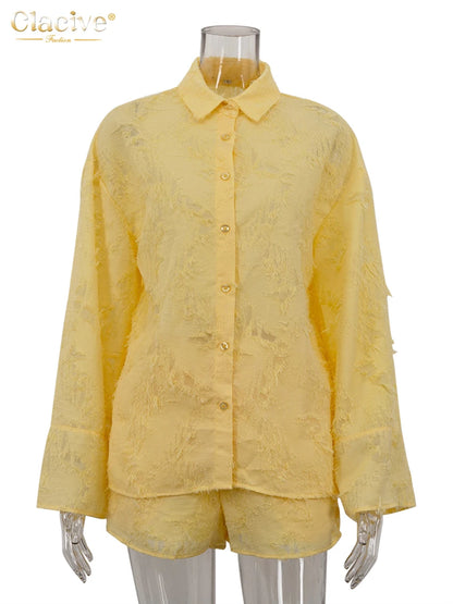 Clacive Fashion Loose Yellow 2 Piece Sets Women Outfit 2024 Casual Long Sleeve Shirt With High Waist Shorts Set Streetwear