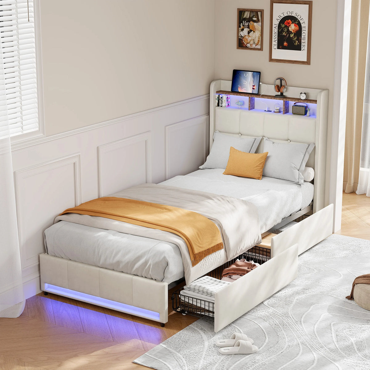 Rosahqnda Upholstered Double Bed 160 x 200 cm, Bed 180 x 200 cm with Storage Box, Storage Bed with 4 Drawers and LED Lighting