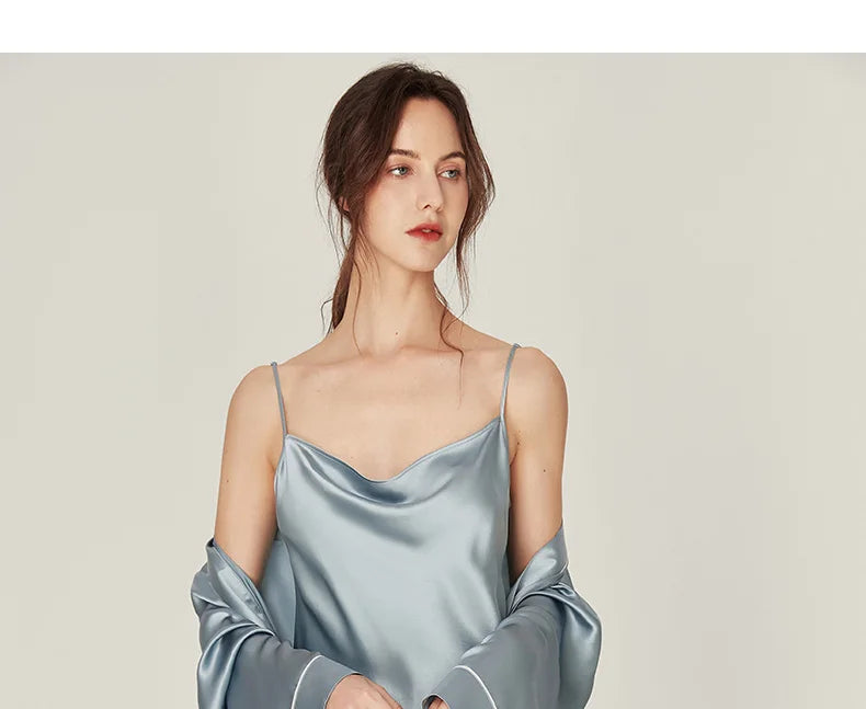 BirdTree, 100%Real Silk Simple Night-robe, Women V Neck Long Sleeve, Elegant Sexy Pajamas Robe, 2024 Summer Autumn New P469123QM