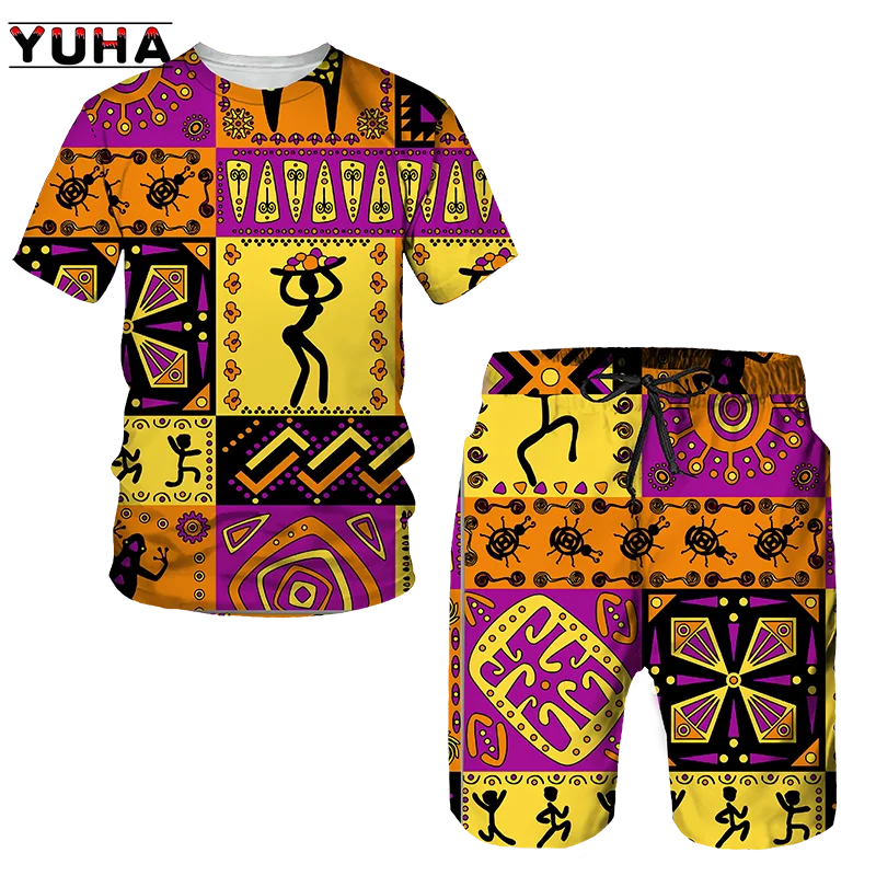 YUHA,Newest African Print Women's/Men's T-shirts Sets Africa Dashiki Men’s Tracksuit/Vintage Tops Sport And Leisure Summer Male
