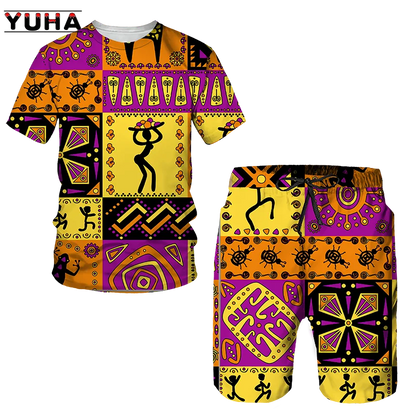 YUHA,Newest African Print Women's/Men's T-shirts Sets Africa Dashiki Men’s Tracksuit/Vintage Tops Sport And Leisure Summer Male