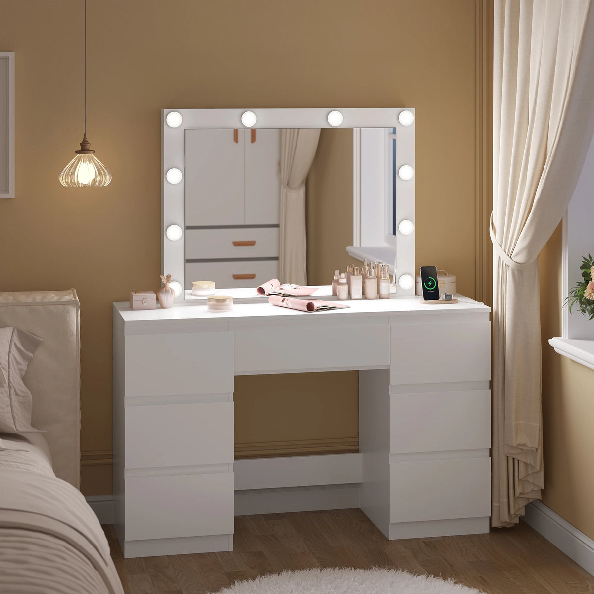 WOLTU White Dressing Table Girls/Women Vanity Dresser with Large Mirror 7 Drawers Makeup Desk with LED Lights Charging Socket