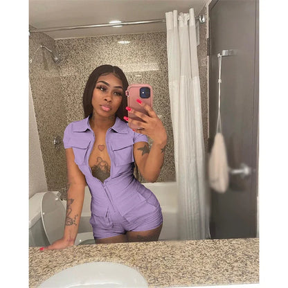 Streetwear Zipper Pockets Shorts Jumpsuit Women Clothing Short Sleeve Skinny Cargo Playsuit Summer Casual One Pieces Romper