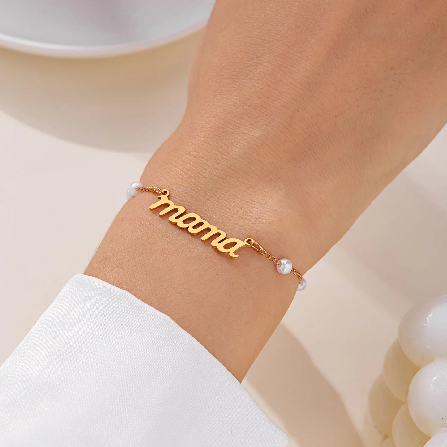 Imitation Pearl Letter Mama Pendant Bracelets Fashion Charms Stainless Steel Chains Bracelet for Women Jewelry Mother's Day Gift