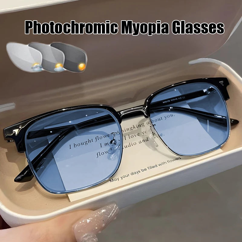 Intelligent Color Changing Minus Eyeglasses with Diopter 0 To -4.0 Vintage Square Half Frame Photochromic Near Sight Glasses
