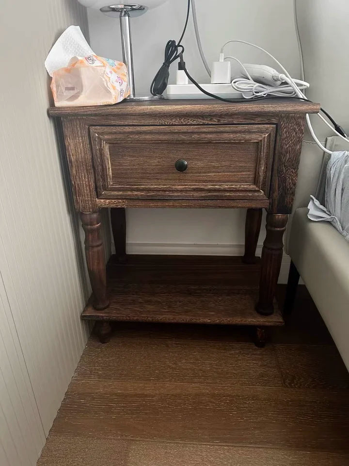 Solid Wood Nightstand Vintage French Distressed Bedside Table with Drawer for Bedroom Storage Cabinet Side Table