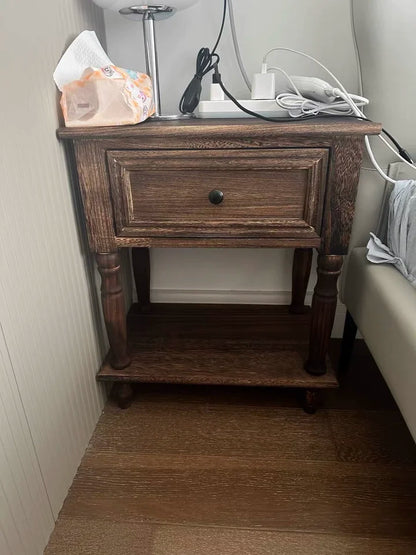 Solid Wood Nightstand Vintage French Distressed Bedside Table with Drawer for Bedroom Storage Cabinet Side Table