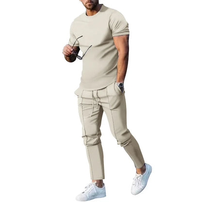 Mens Suit Summer Two-piece Suit Short-sleeved T-shirt Casual Fashion Trousers Sets for Men