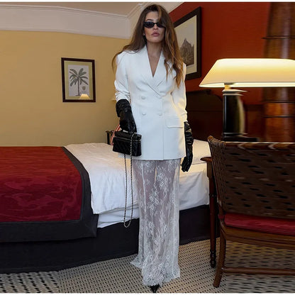 Retro Solid Suit Jacket Lace Skirt Set Women Sexy Waist-cinching Jackets Perspective Long Skirts Sets Lady 2025 Chic Streetwear