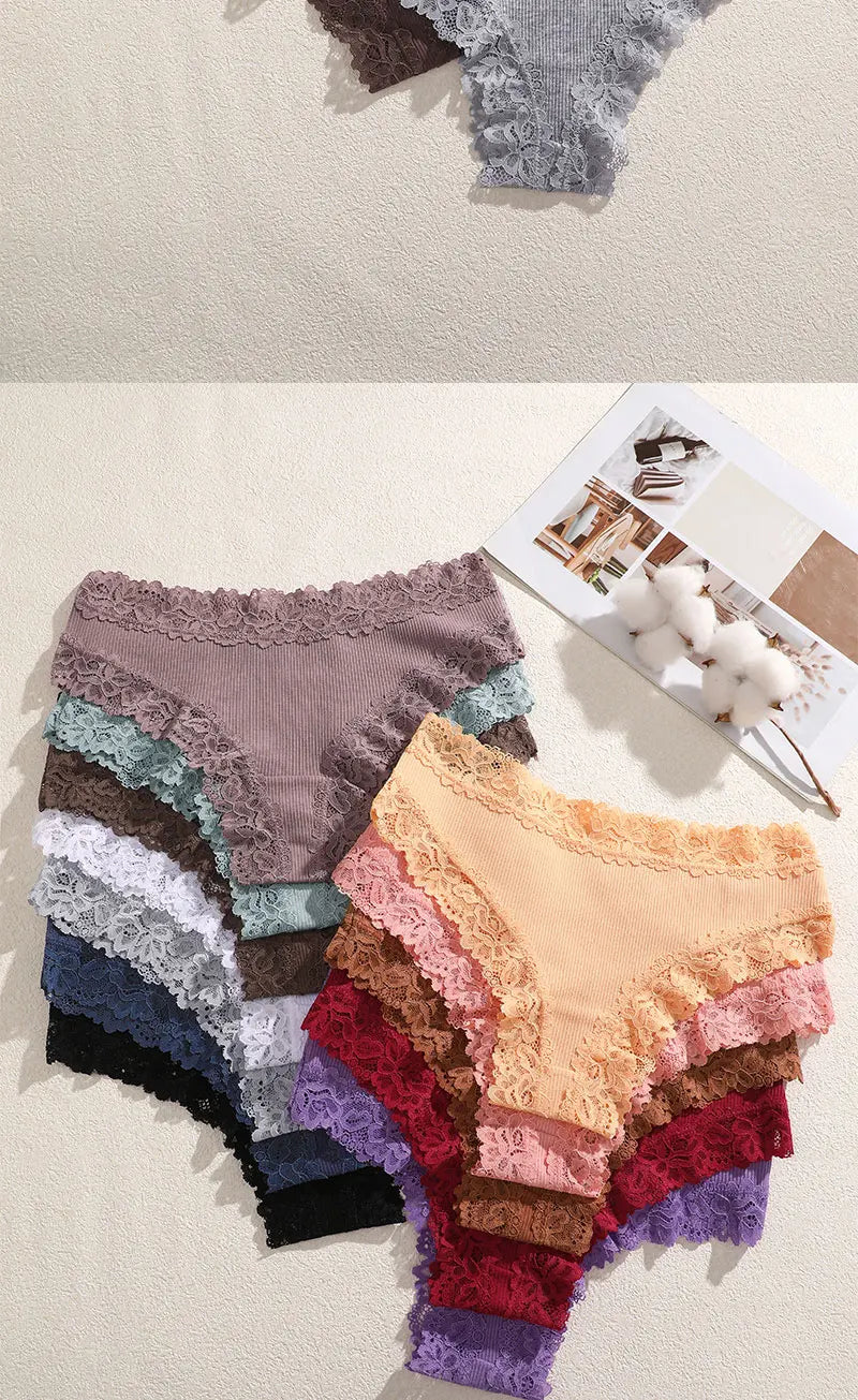 FINETOO 5PCS Sexy Lace Cotton Panties Women Brazilian Panties Ladies Sexy Low Waist Elastic T-Back Bikini Solid Soft Lingerie