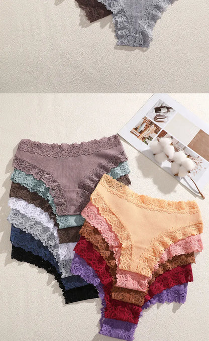 FINETOO 5PCS Sexy Lace Cotton Panties Women Brazilian Panties Ladies Sexy Low Waist Elastic T-Back Bikini Solid Soft Lingerie