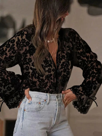 Sexy Hollow Lace Shirt Women Loose V-neck Single Breasted Lace Up Lantern Sleeve Shirt Spring Summer Fashion New Beige Shirt