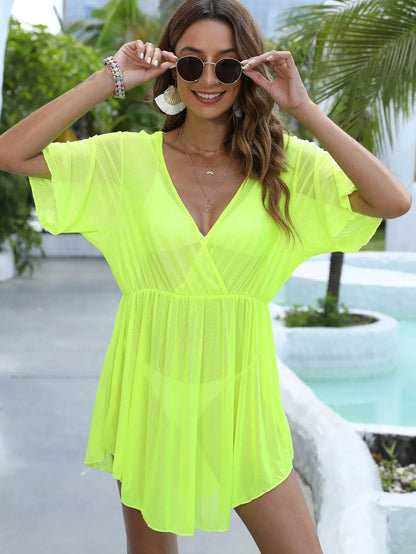 Ladies Beach Cover up Skirt Translucent Mesh Asymmetrical Waist Cinching Deep V Neckline Sun Protection Clothing for Women