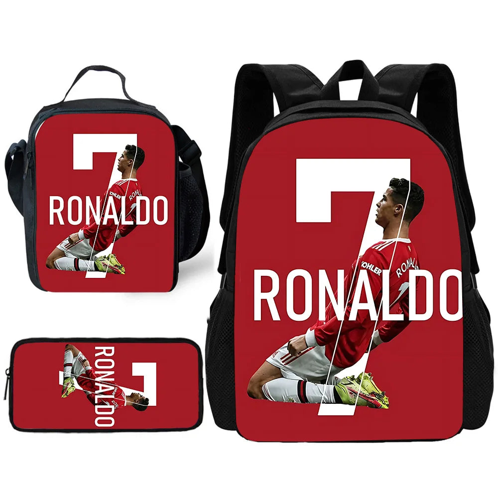 Child School Football R-RonaldoS CR7 Backpack with Lunch Bags ,Pencil Bags ,School Bags for Boys Girls Best Gift