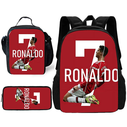 Child School Football R-RonaldoS CR7 Backpack with Lunch Bags ,Pencil Bags ,School Bags for Boys Girls Best Gift