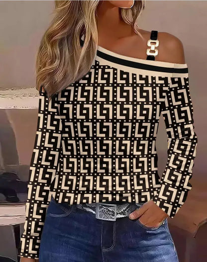 Sexy Elegant Off Shoulder White Lace Women Tops And Blouses 2023 Autumn Long Sleeve Top Femme Print Metal Buckle Office Blouse