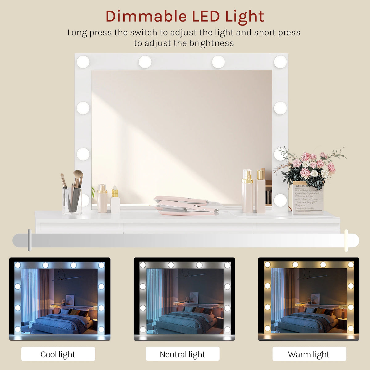 WOLTU White Dressing Table Girls/Women Vanity Dresser with Large Mirror 7 Drawers Makeup Desk with LED Lights Charging Socket