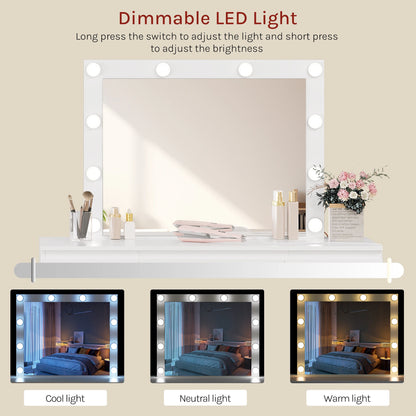 WOLTU White Dressing Table Girls/Women Vanity Dresser with Large Mirror 7 Drawers Makeup Desk with LED Lights Charging Socket