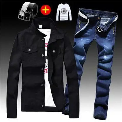 Spring Autumn Mens Denim Jacket + Jeans Pants Set Fashion Letters Printed Coat Trousers Two Piece Denim suit