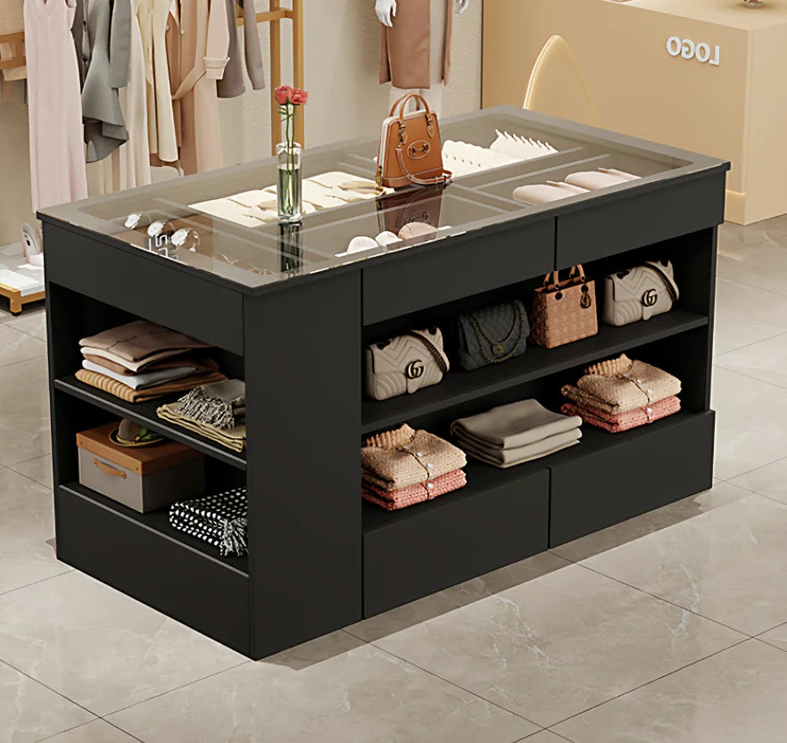 %a Wardrobe Armoire Bedroom Island with Glass Top, Glass Display Shelf &amp; 6 Drawers, Wooden Closet Storage Cabinet with Open She