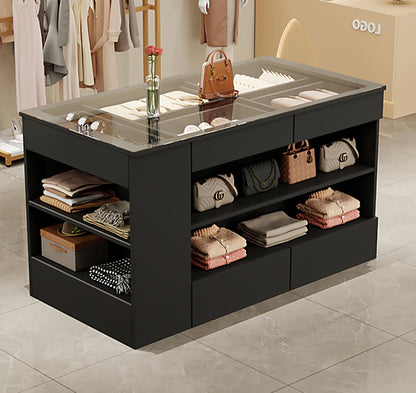 %a Wardrobe Armoire Bedroom Island with Glass Top, Glass Display Shelf &amp; 6 Drawers, Wooden Closet Storage Cabinet with Open She