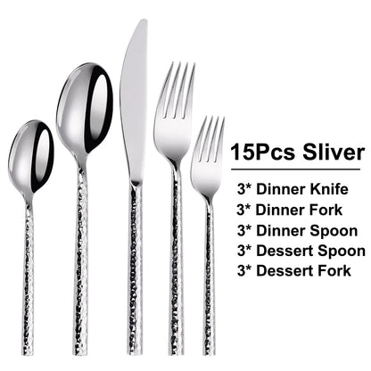 6/12/15Pcs Sliver Heavy Cutlery Stainless Steel 304 Tableware Western Dinner Set Mirror Hammer Pattern Handle Knife Fork Spoon