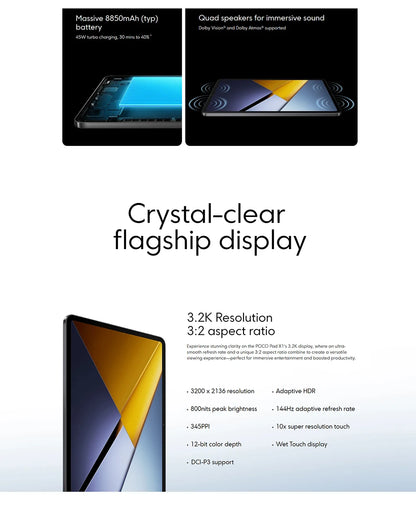 Poco Pad X1 8Gb 512Gb Tablet Pc 11'' 144Hz Wi-Fi 6E 8850Mah