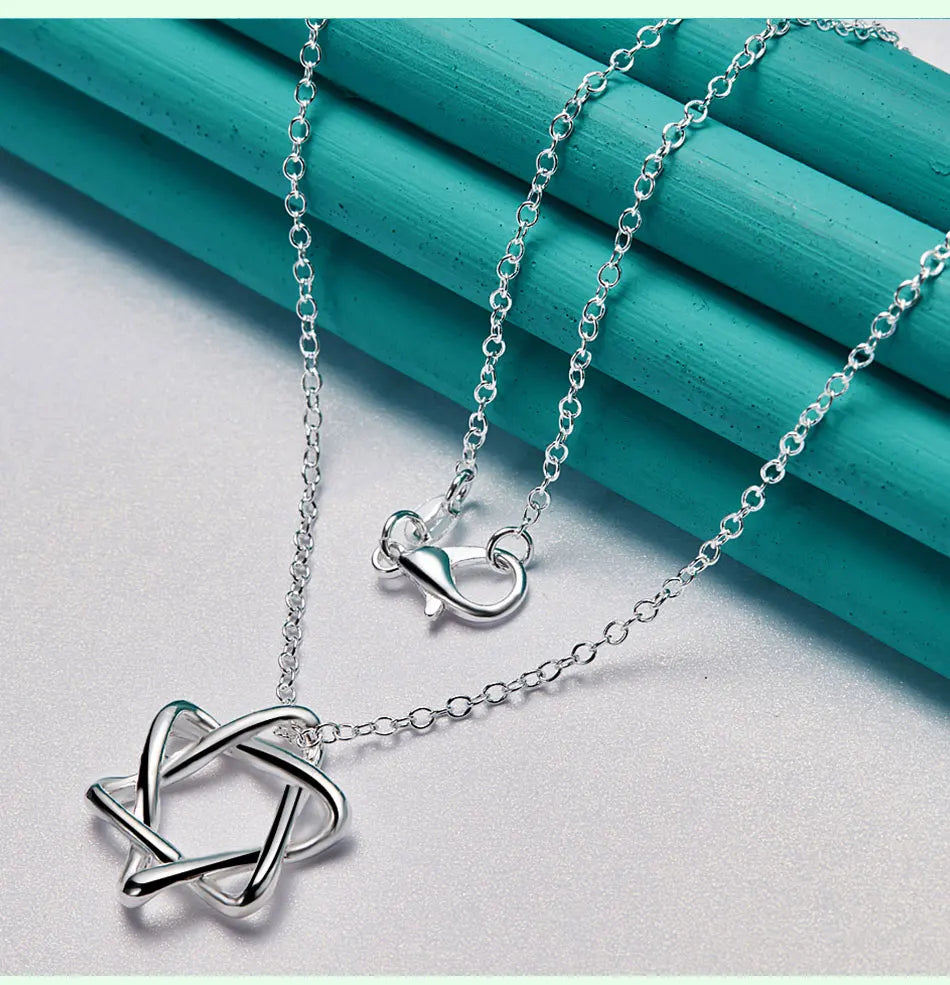 New 16-30 Inch O-Chain 925 Sterling Silver Hexagram Pendant Necklace For Women Bridal Wedding Accessories Birthday Charm Jewelry