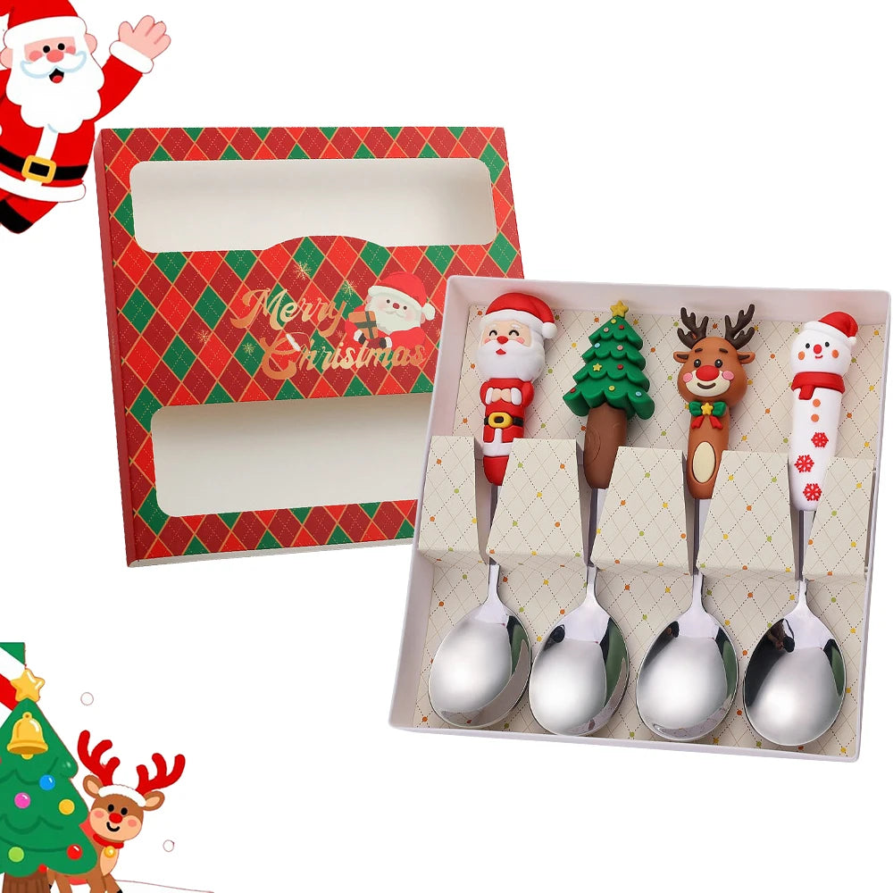 4Pcs Silver Christmas Fork And Spoon Set Stainless Steel Creative Tableware Coffee Tea Dessert Forks And Spoons Gift Set