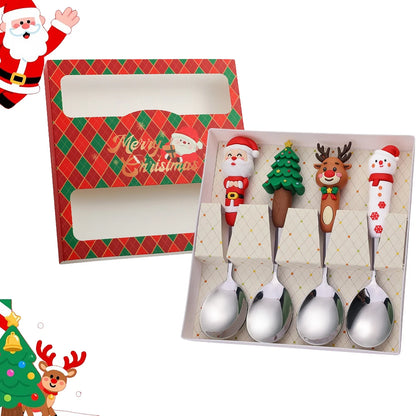 4Pcs Silver Christmas Fork And Spoon Set Stainless Steel Creative Tableware Coffee Tea Dessert Forks And Spoons Gift Set