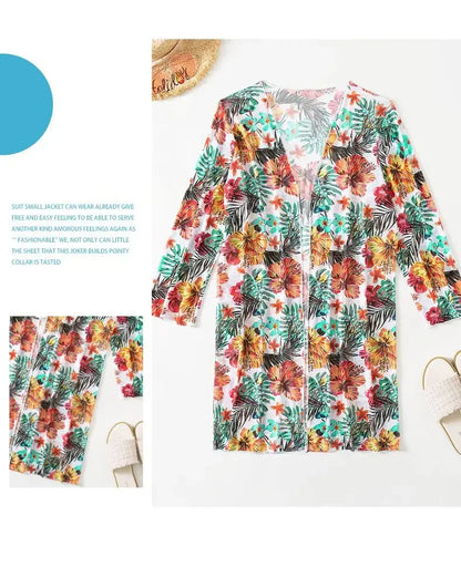Size S-3XL Bikini Three Pieces Floral Printed Swimsuit Women Bikini Set With Mesh Long-Sleeved Blouse,Bra Top with Pad Swimwear
