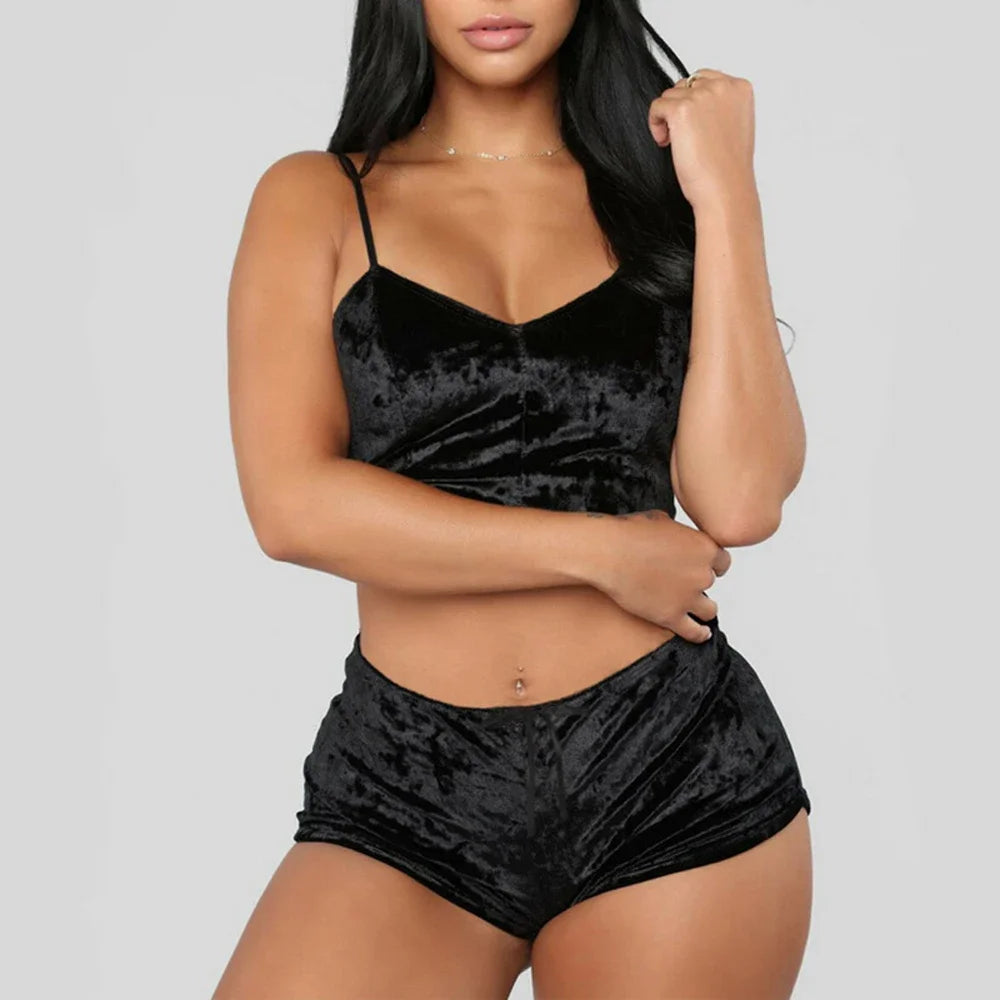 2Pcs/set Women's Velvet Polyester Comfortable V Neck Underwear Crop Top + Shorts Pajama Set Homewear Sleeveless Top Shorts Camis