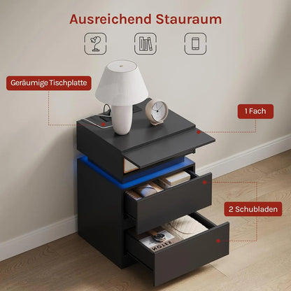 WOLTU Nightstand White/Black Bedside Table with LED Lighting 2 Drawers USB Charging Function Narrow Sofa Table