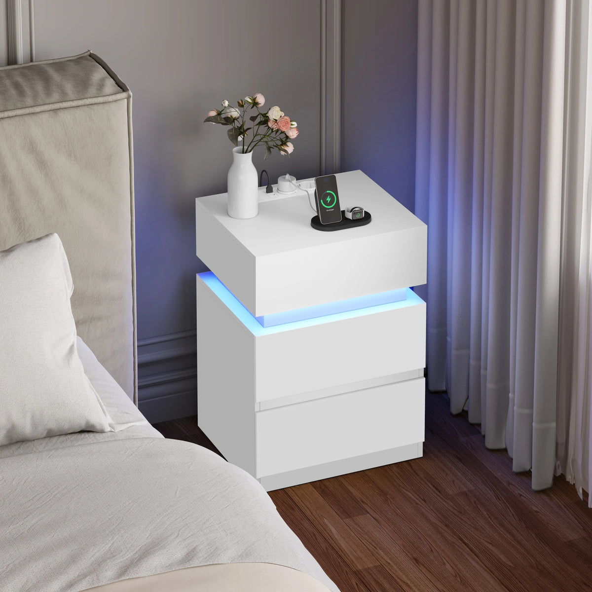WOLTU Nightstand White/Black Bedside Table with LED Lighting 2 Drawers USB Charging Function Narrow Sofa Table