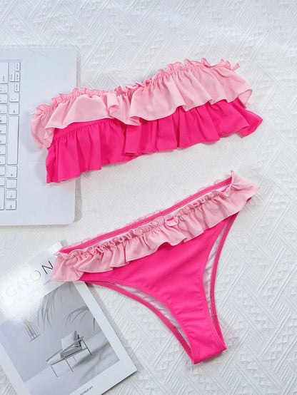 Sexy Bandeau Bikini 2025 Mujer Women Orange Patchwork Push Up Ruffles Micro Swimwear Brazilian Beach Bathing Suit Thong Swimsuit