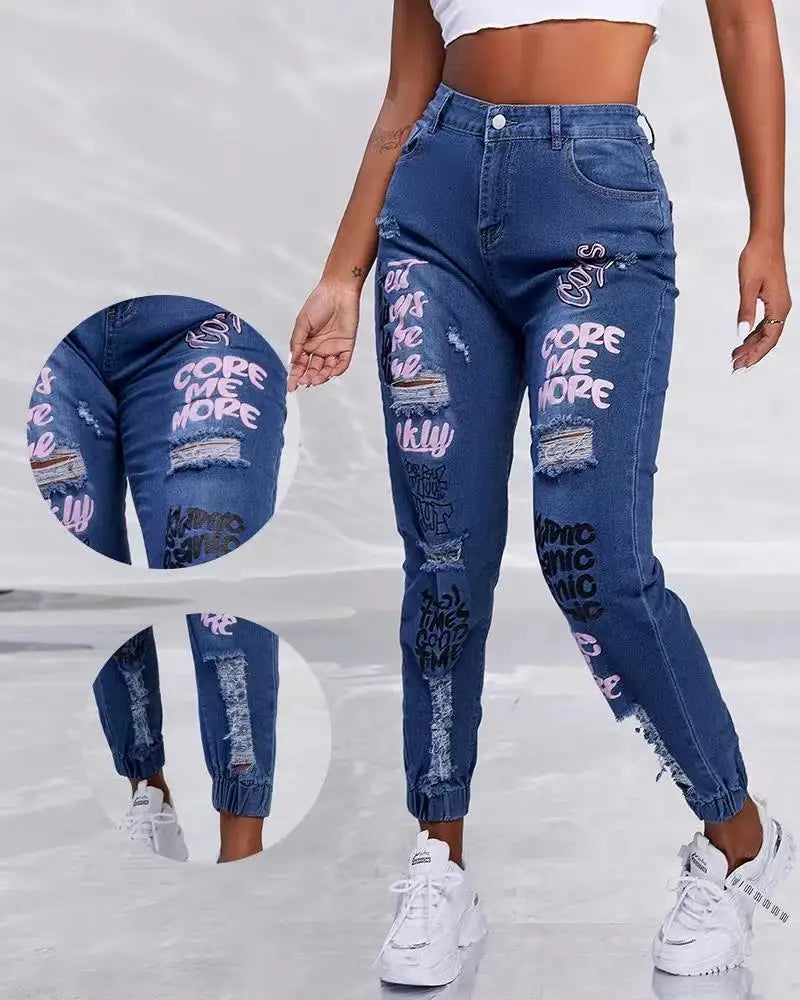 Women Denim Jeans Ankle Length Print Holes Pencil Pants Pockets Washing Slim Basics Zipper Fly Spring Flat Slight Strech