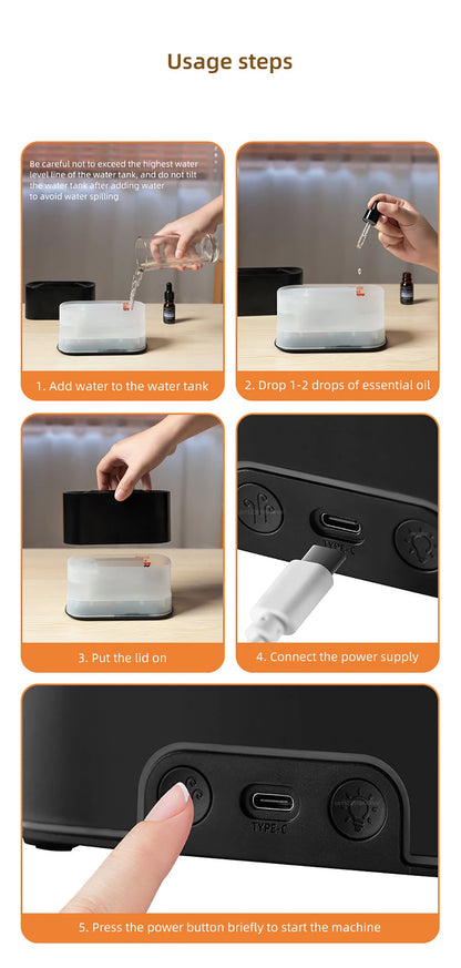 Air Aroma Humidifier USB Desktop Flame Humidifier for Home Mini Air Humidifier Fragrance Essential Oil Diffuser with Night Light