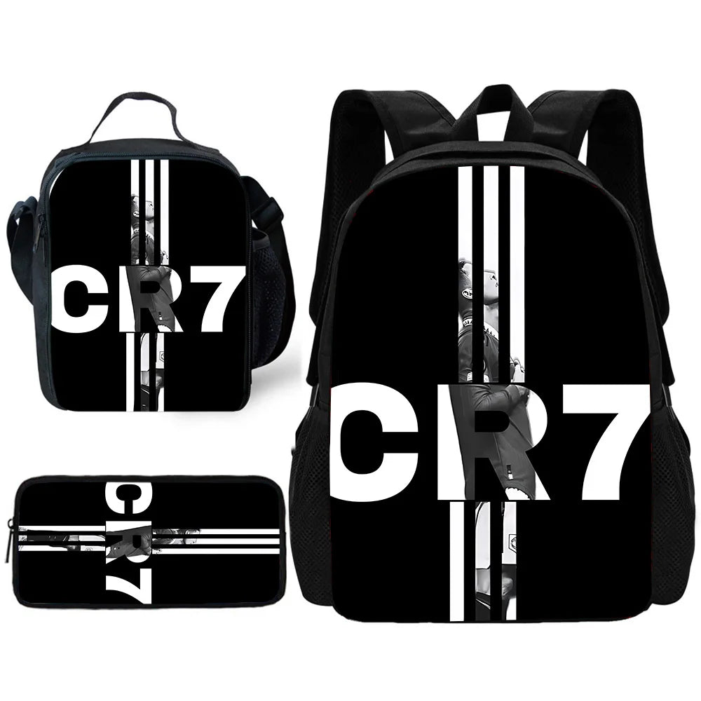 Child School Football R-RonaldoS CR7 Backpack with Lunch Bags ,Pencil Bags ,School Bags for Boys Girls Best Gift