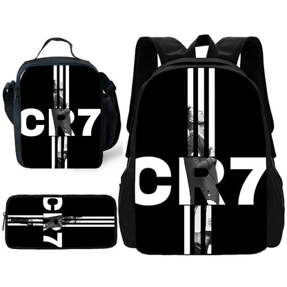 Child School Football R-RonaldoS CR7 Backpack with Lunch Bags ,Pencil Bags ,School Bags for Boys Girls Best Gift