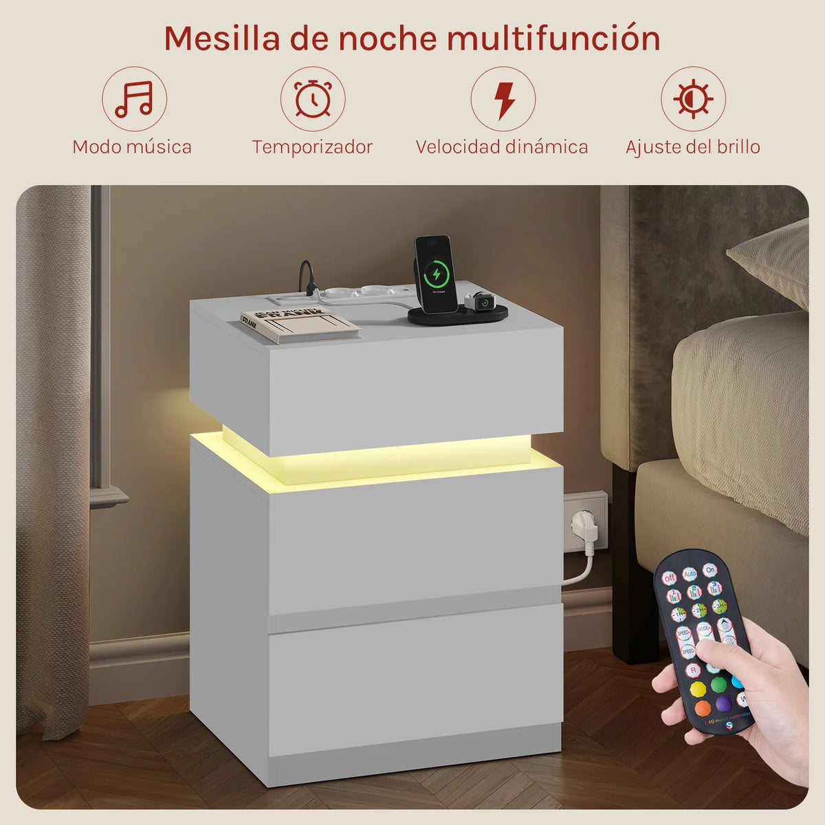 WOLTU Nightstand White/Black Bedside Table with LED Lighting 2 Drawers USB Charging Function Narrow Sofa Table