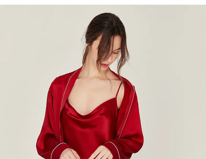 BirdTree, 100%Real Silk Simple Night-robe, Women V Neck Long Sleeve, Elegant Sexy Pajamas Robe, 2024 Summer Autumn New P469123QM